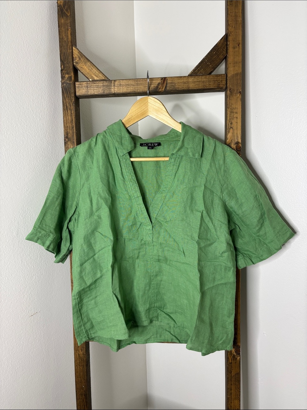 J. Crew Green Short-Sleeve Linen Split V-Neck Top Size XS